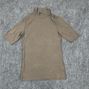 Magaschoni Women's S Brown/Green Short Sleeve Turtle Neck Knit Top‎ Tee